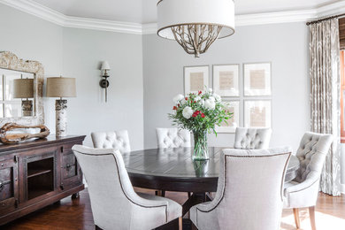 Photo of a mid-sized eclectic separate dining room in Santa Barbara with grey walls and medium hardwood floors.