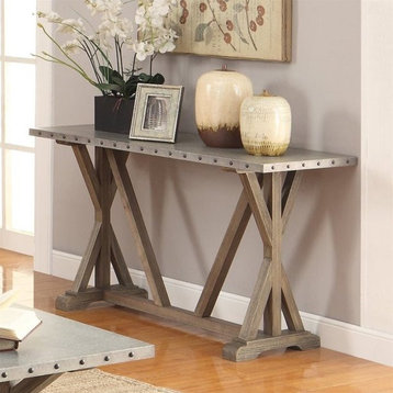 Industrial Console Table, Driftwood Hardwood Base With Rivet Accented Large Top