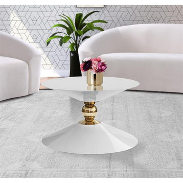 Unique Coffee Table, Elegant Hourglass Design Constructed With Metal, White/Gold