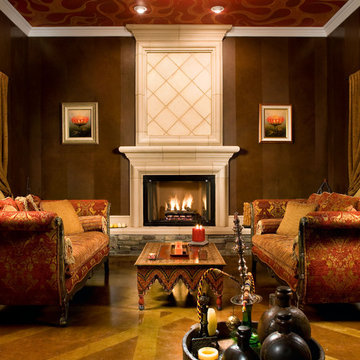 Living room with fireplace and ceiling mural