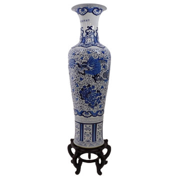 Large Chinese Porcelain Blue and White Vase, 54" High Hand Painted Dragon