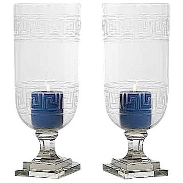 Greek Key Glass Hurricane Lamp Lantern, Set of 2 Candle Holder Vase