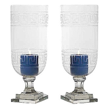 Greek Key Glass Hurricane Lamp Lantern, Set of 2 Candle Holder Vase
