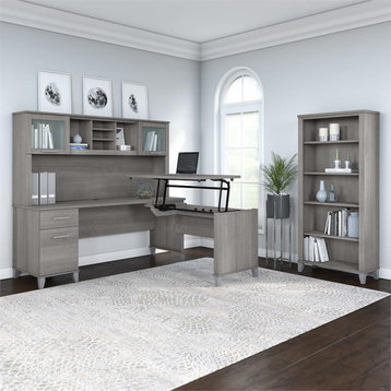 Somerset Sit to Stand L Desk with Hutch and Bookcase in Gray - Engineered Wood
