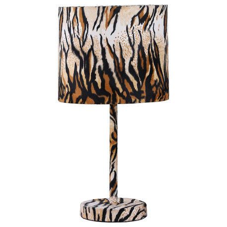 Fabric Wrapped Table Lamp With Striped Animal Print, Brown And Black