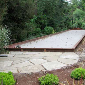 Concrete Pool Deck with Rumford Fireplace, Outdoor Kitchen, Bocci Court & BBQ