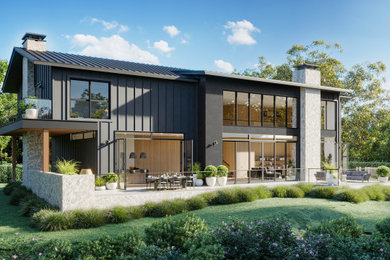 Huge modern gray two-story concrete fiberboard and board and batten house exterior idea in Los Angeles with a metal roof and a black roof