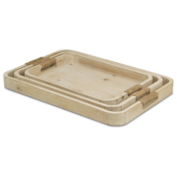 Natural Wood Trays, White Washed, Rope Covered Handles, 3-Piece Set