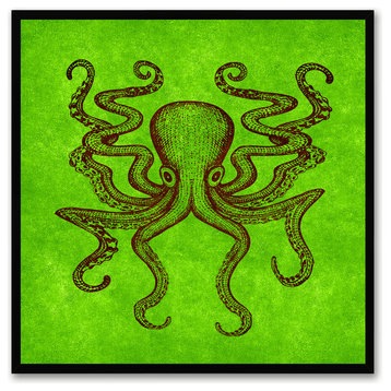 Octopus Animal Green Print on Canvas with Picture Frame, 15"x15"