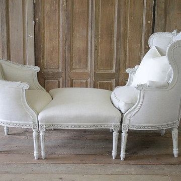19th Century Louis XVI Style Three-Piece Chaise Brisse in Belgian Linen