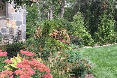 Photo of a mid-sized traditional full sun front yard mulch garden path in Bridgeport for summer.