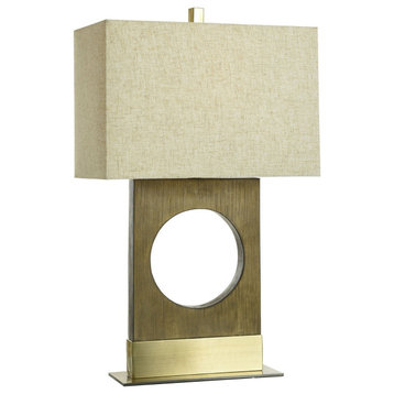 Chickerell Modern Table Lamp Faux Wood, Antique Brass Heathered Beige
