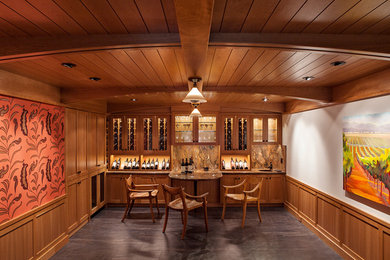 Photo of a large contemporary wine cellar in San Francisco with porcelain floors and display racks.