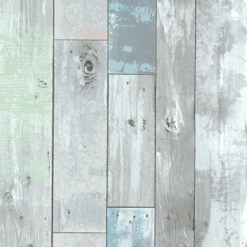 Dean Blue Distressed Wood Panel Wallpaper, Sample