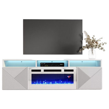 Modern TV Console, Geometric Linear Patterned Doors & Center Fireplace, White