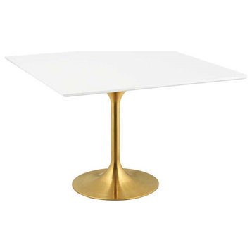 Modway Lippa 47" Square Wood & Metal Dining Table in Gold and White