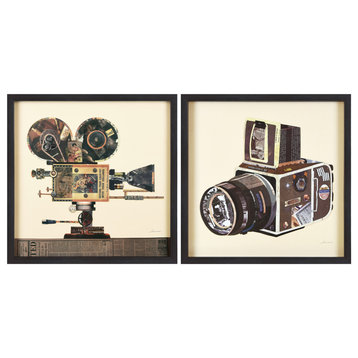 Film Projector & Camera Dimensional Collage Wall Art Framed Under Glass Set of 2