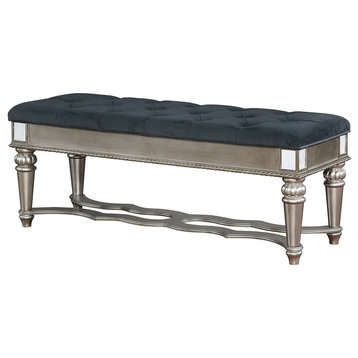 Traditional Style Solid Wooden Bench With Tufted Seat, Silver And Blue
