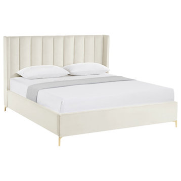 Inspired Home Ameen Bed, Upholstered, Cream White Velvet King