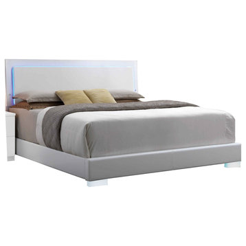 Benzara BM218470 Eastern King Bed with LED Headboard & Chrome Legs,White