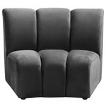 Meridian Furniture - Infinity Channel Tufted Velvet Modular Chair, Gray, 1 Piece - Create a seating group that works for every possible situation with this Infinity modular chair and other pieces in the Infinity collection. Upholstered in soft grey velvet material that feels great against the skin and offers long-wearing beauty, this piece fits with other Infinity items for an infinite number of combinations that get your seating requirements just right but that look just as nice when used on their own.