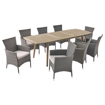 Flora Outdoor Wood and Wicker Expandable 8 Seater Dining Set, Gray, Light Gray
