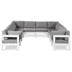 Meridian Furniture - Nizuc Water Resistant Patio U-Shaped Modular Sectional, Gray, 10-Piece: 6 Armless Chair, 4 Corner Chair, White Aluminum Frame - Pick and choose your favorites from the Nizuc collection to create a modular seating group the whole gang will enjoy. The sturdy aluminum frame provides dependable support for friends and family as they relax and unwind, and the resilient grey water resistant fabric stands up to the elements without losing its beautiful demeanor, so you can count on it lasting for the long haul. Latches beneath these seating pieces help you easily attach them to one another for convenient setup.