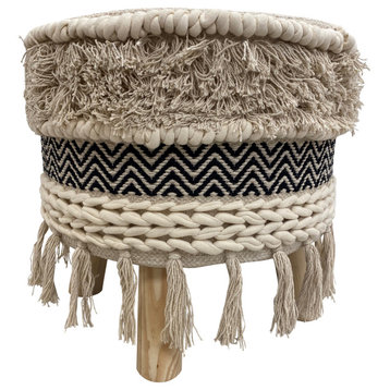 Black Chevron and Ivory Textured and Fringed Bohemian Stool