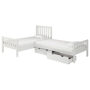 Alaterre Aurora Corner L-Shaped Twin Wood Bed Set with Storage Drawers in White