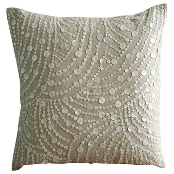 Beige Cotton Linen 12"x12" Mother Of Pearls Pillows Cover, Dreams N Pearls