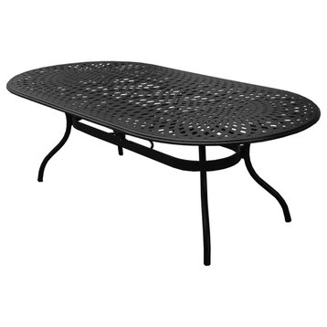 Modern Outdoor Dining Table, Cast Aluminum With Mesh Patterned Oval Top, Black
