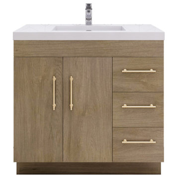 Rosa 36" Freestanding Vanity with Reinforced Acrylic Sink (Right Side Drawers), White Oak