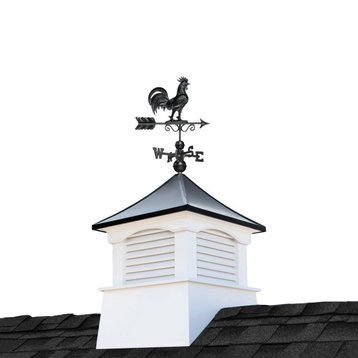 30" Square Coventry Vinyl Cupola, Black Aluminum Rooster Weathervane and Roof
