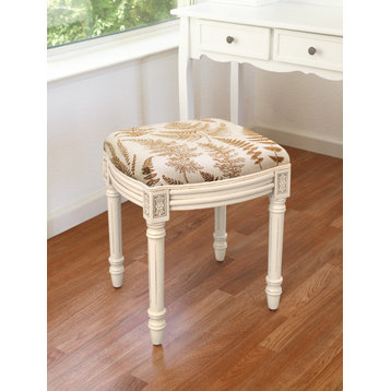 Fern-Grey, Print Linen Upholstered Vanity Stool, Caramel