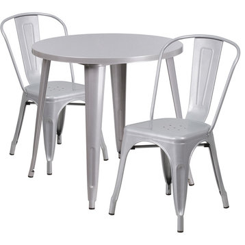 30" Round Silver Metal Indoor-Outdoor 3-Piece Table Set With 2 Cafe Chairs