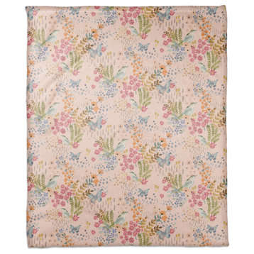 Butterfly Bird Floral on Pink 50x60 Coral Fleece Blanket