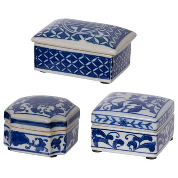 Set of 3 Decorative Boxes, White and Blue Porcelain Pottery, Floral Designs