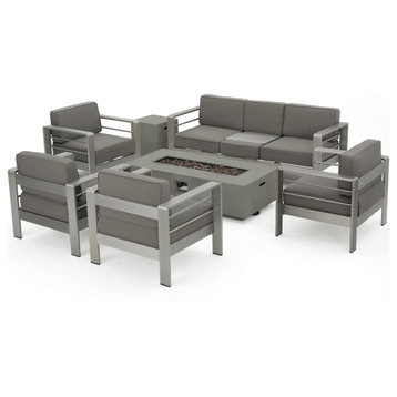 GDF Studio Coral Bay Outdoor Aluminum 7 Seater Chat Set with Fire Pit, Light Gray