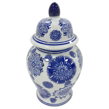Ceramic 10" Asstd Flowers Temple Jar, Blue