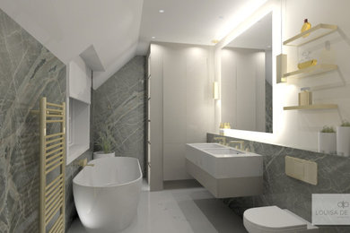Photo of a medium sized contemporary family bathroom in Other with flat-panel cabinets, a freestanding bath, a wall mounted toilet, porcelain tiles, porcelain flooring, an integrated sink, marble worktops, a wall niche, double sinks and a floating vanity unit.
