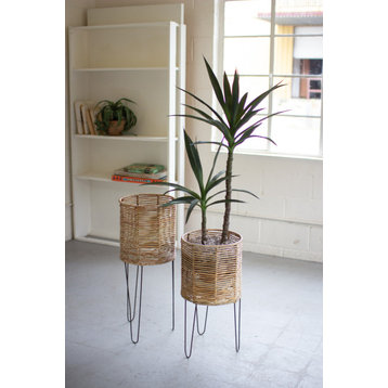 Kalalou A6157 Set Of Two Round Seagrass Planters With Iron Bases