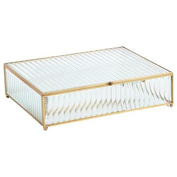 Luxe Vintage Style Ribbed Glass Decorative Box 11" Reeded Gold Edge Elegant