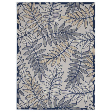 7 x 10' Ivory and Navy Leaves Indoor Outdoor Area Rug