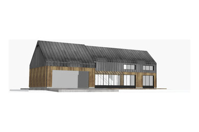Idées déco pour une façade de maison grise contemporaine en bois de taille moyenne et à un étage avec un toit à deux pans et un toit en métal.