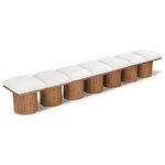 Meridian Furniture - Pavilion Black Boucle Fabric Bench, Cream, Walnut Brown Finish, 126" W X 15.5" D X 17.5" H - Bring valuable seating and remarkable style to your space with this cream Pavilion boucle fabric bench, an exquisite balance of style and usability for the entryway, bedroom, and beyond. Crafted from oak veneer with a walnut brown finish, this bench has a 4-inch-thick seat cushion that's channel-tufted for a touch of luxury. The bench's columnar bases add a dash of art deco design, making it a captivating focal point in any room.