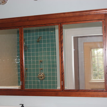 Red Birch double vanity, hutch, and double medicine cabinet