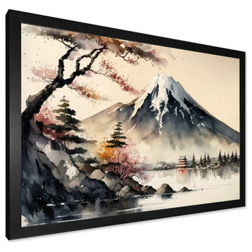 Japanese Landscape In Watercolor II Framed Print, 32x16, Black