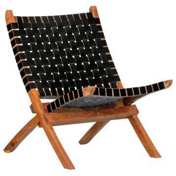 Retro Modern Accent Chair, Acacia Wood Frame and Leather Strips Woven Seat, Black