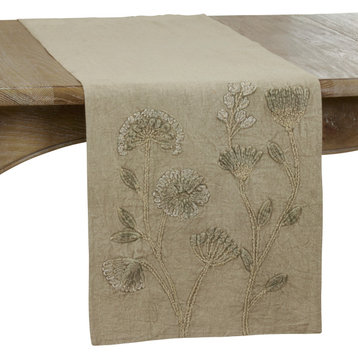 Stone Washed Table Runner With Floral Design, Taupe
