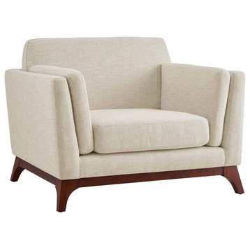 Midcentury Modern Armchair, Low Profile Design With Cushioned Seat & Back, Beige